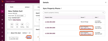 A deal record's property history for Sync Property Phone. The timeline shows the phone number was synced from Neal Caffrey (phone) on two separate dates, with the source links highlighted.