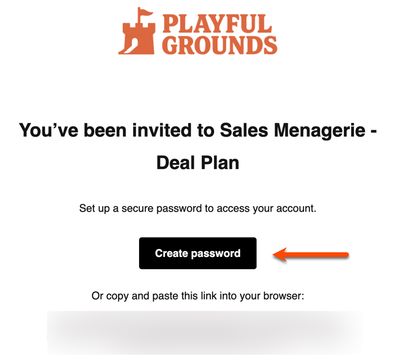 E-mail de convite do Playful Grounds para o Plano de Negócios do Zoológico de Vendas mostrando um botão Criar senha realçado com uma anotação de seta.
