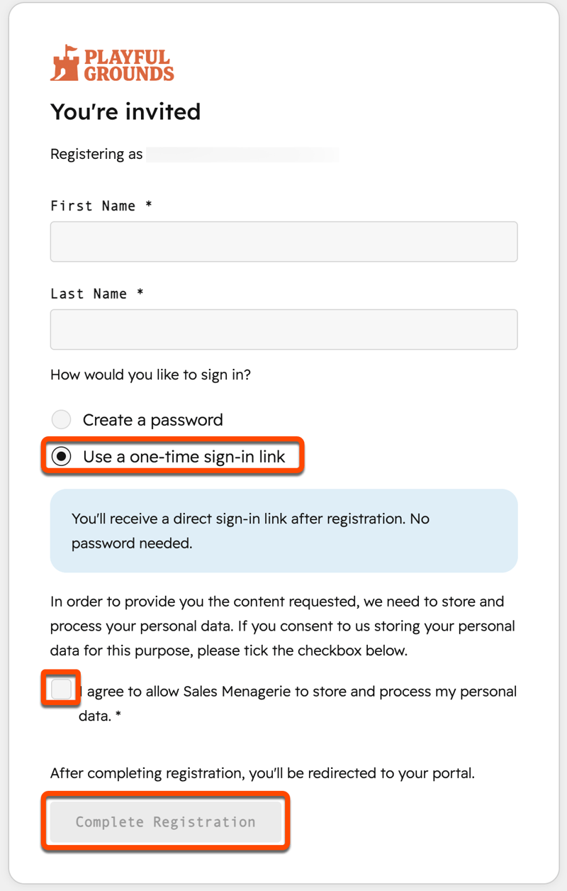 Formulário de registro de comprador de plano de Negócio com Use um link de login único marcado, uma caixa de seleção de consentimento de dados e o botão Concluir registro realçado.