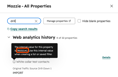 Property details panel showing a highlighted internal value tooltip for a web analytics history property.