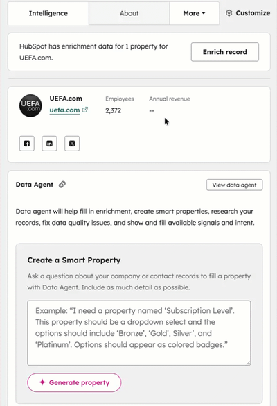 Intelligence tab for the company, UEFA, is displayed. The user scrolls through options such as Data Agent, Buyer intent, and enrichment data.