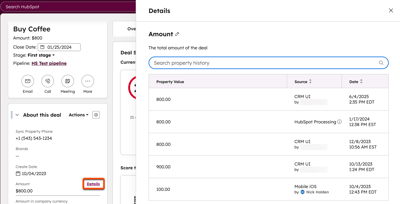 Deal record for Buy Coffee with the Details panel open, showing property history, date, and source for the Amount property.