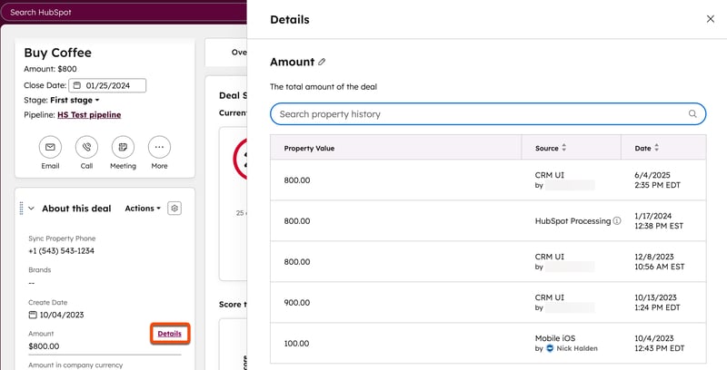 Deal record for Buy Coffee with the Details panel open, showing property history, date, and source for the Amount property.