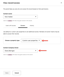 A HubSpot View record access panel with the Owners tab selected. It shows that Nick Halden is the contact owner and Diana Berrigan is the company owner.
