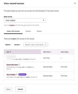A View record access panel showing a list of users, including Diana Berrigan and deal owner Nick Halden, who have access to view, edit, and delete the record.