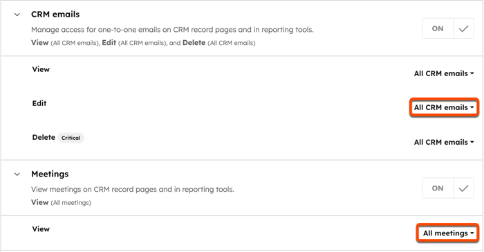 CRM emails and Meetings permission settings showing View, Edit, and Delete access dropdowns set to All CRM emails and All meetings. Meetings only contains View permissions.