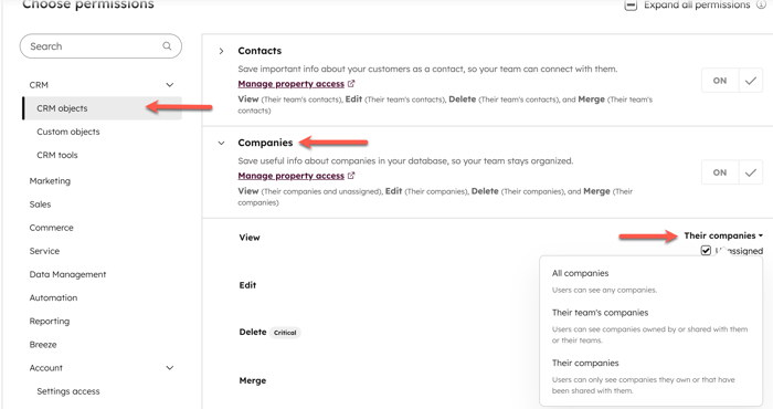 CRM objects permissions with Companies expanded, showing a dropdown menu for All companies, Their team’s companies, or Their companies.