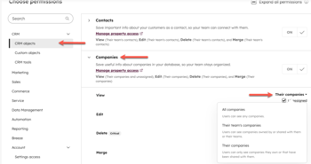 CRM objects permissions with Companies expanded, showing a dropdown menu for All companies, Their team’s companies, or Their companies.