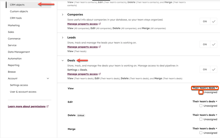 CRM objects permissions with the Deals section expanded, showing View, Edit, Delete, and Merge access set to Their team’s deals and Unassigned checkbox cleared.