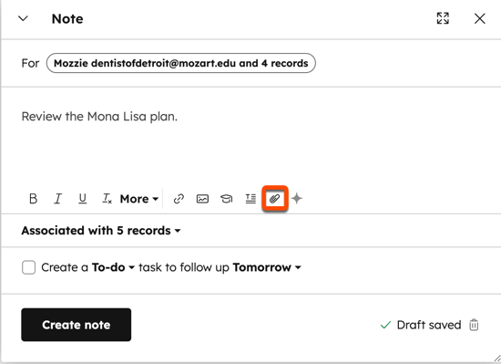 A HubSpot note pop-up for 'Mozzie' with a message to Review the Mona Lisa plan. A paperclip icon for adding attachments is highlighted.