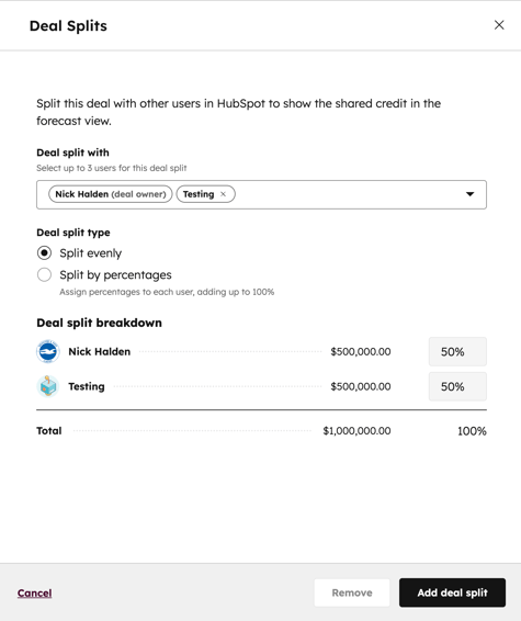 A HubSpot right panel for Deal Splits. The deal amount of $1,000,000.00 is split evenly, with Nick Halden and Testing each receiving a 50% share.