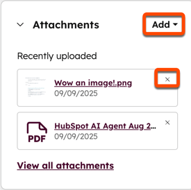A HubSpot record showing an Attachments card. An orange-highlighted Add button and a remove icon next to an attached image file are visible.