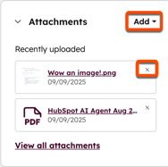 A HubSpot record showing an Attachments card. An orange-highlighted Add button and a remove icon next to an attached image file are visible.