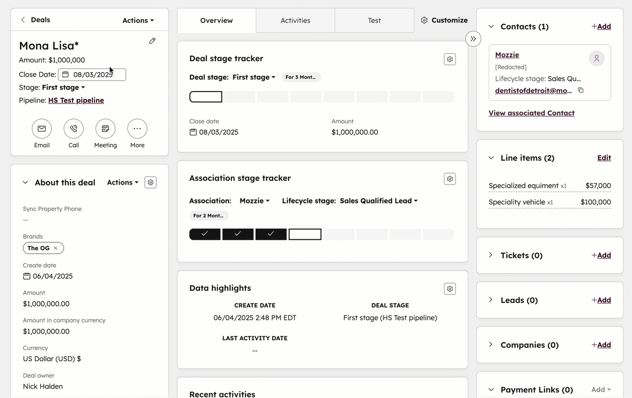 A GIF showing a user cloning a deal record in HubSpot. The process highlights the 'Clone' action and the subsequent panel where property values can be reviewed