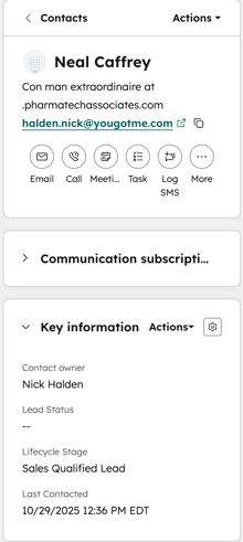 Left sidebar for Neal Caffrey showing the contact name, email address, quick action icons, and key information such as lifecycle stage and last contacted date.