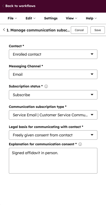 A screenshot of a "Manage communication subscriptions" workflow action. The panel is configured to subscribe an enrolled contact to a service email.