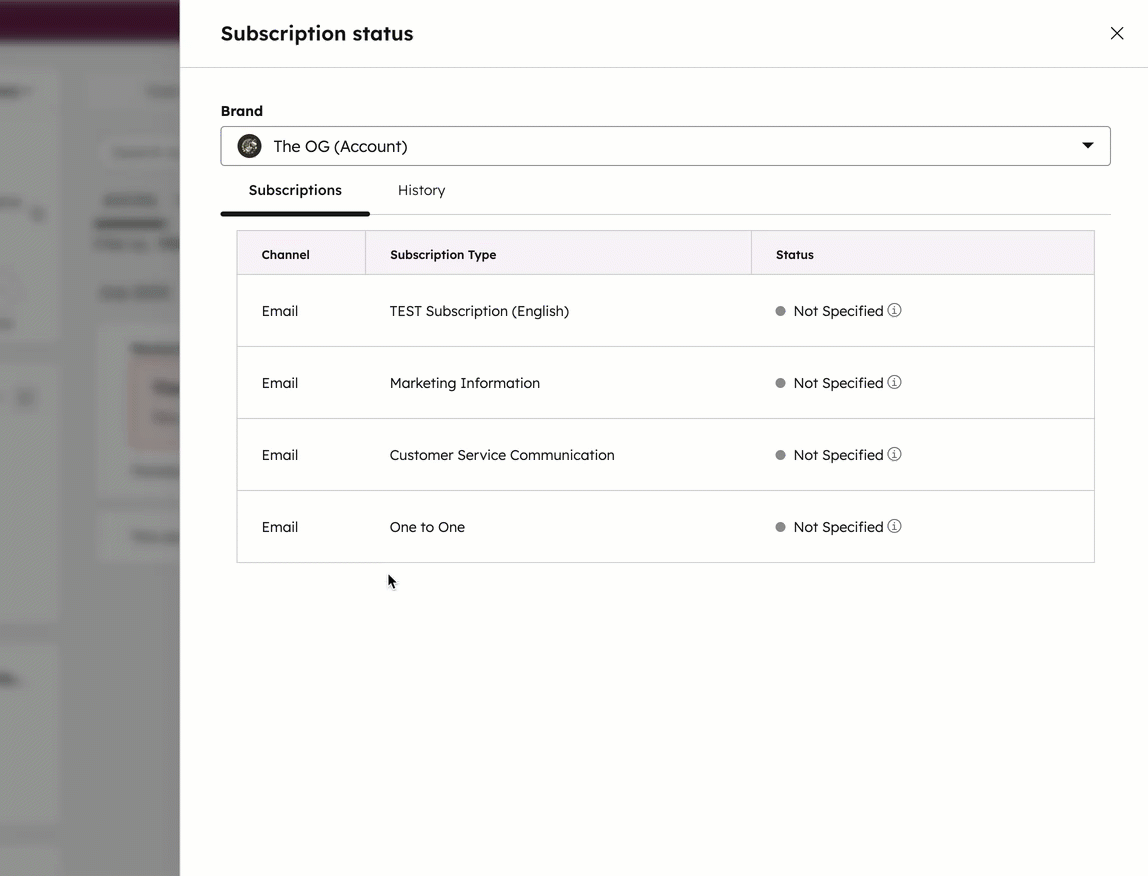 GIF displaying a right panel named "subscription status". The user subscribes a contact to marketing information and provides a legal basis for the action.