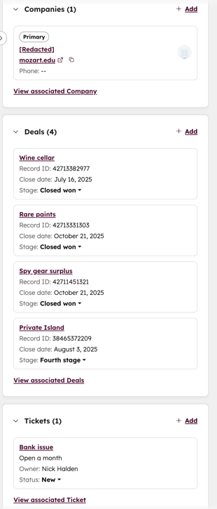 The right sidebar of a HubSpot record. It shows expanded sections for Companies, Deals, and Tickets, listing one associated company, four deals, and one ticket.