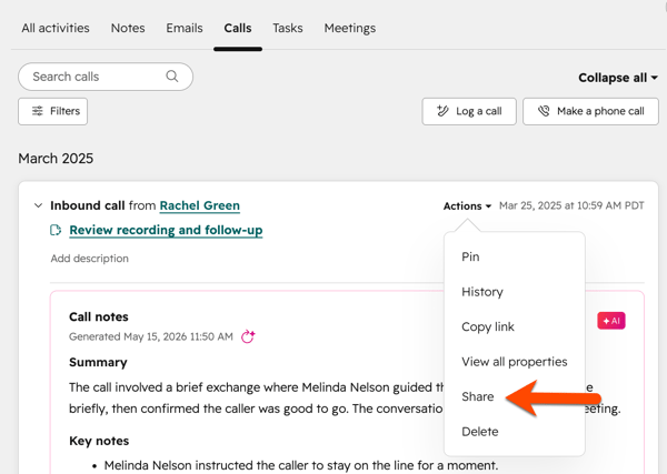 Call tab activity page highlighting the Actions dropdown menu and the option to share.