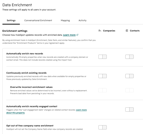 Screenshot showing the data enrichment settings in HubSpot.