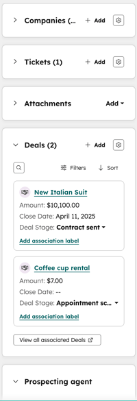 Right sidebar of a contact record showing associated companies, tickets, attachments, and deals.