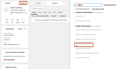 Screenshot of a contact "Neal Caffrey", demonstrating how to find opt-out properties. A highlighted box shows the "Opted out of email: One to one" property is set to "Yes.