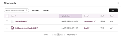 A HubSpot attachments panel showing a table of files. The table lists a PNG file and a PDF file with columns for source, size, and type.