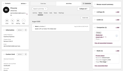 A full HubSpot contact record for 'Mozzie', showing details and an activities timeline. The right sidebar lists associated records like companies and deals.