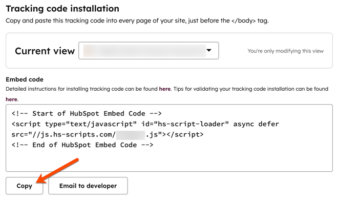 The "Tracking code installation" settings, showing the "Embed code" section and highlighting the "Copy" button below the embed code.