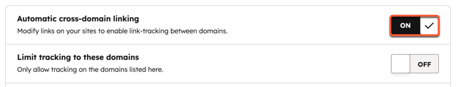 Advanced tracking settings, highlighting the setting for automatic cross-domain linking.