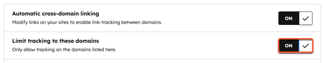 Advanced tracking settings, highlighting the setting to limit tracking to the listed domains.