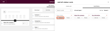 Company record customization settings, highlighting the option to "add card" for the buyer intent card on the company record's left sidebar.