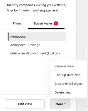 The buyer intent tool, displaying saved views with the options to rename view, set up auto-add, create email digest, and delete view.