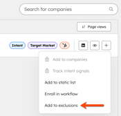 The buyer intent tool, highlighting the option to add a company to exclusions.