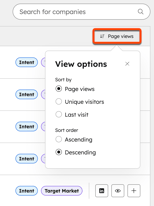 The buyer intent tool, highlighting the option to sort companies by page view.