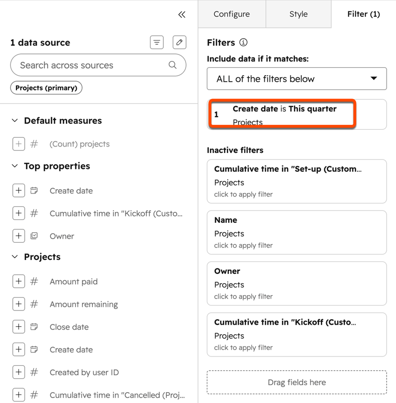 Report builder Filter tab showing Create date is This quarter as the active filter, highlighted in orange, with inactive filters listed below.