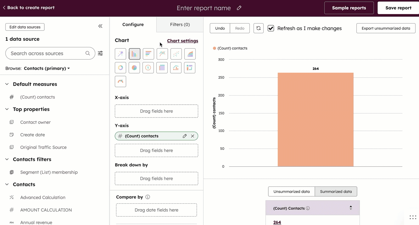 GIF displaying a custom contacts report with the unique count of contacts. The user adds 2 date filters for create date between this quarter and last quarter.