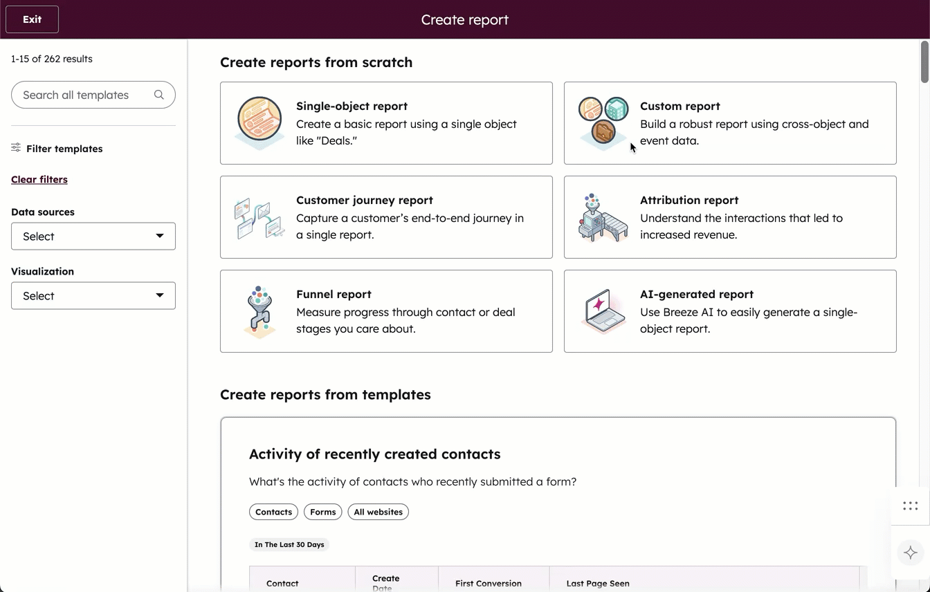 GIF: custom report builder showing the deal split and deals data sources used. A bar chart is shown with deal split owner and amount summarized.