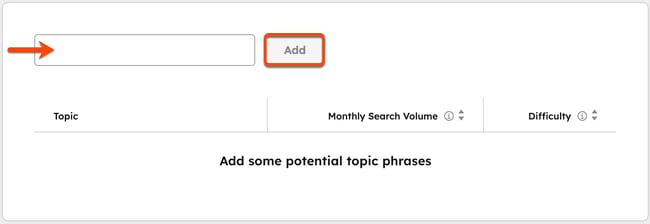 The Add a topic page is visible. An arrow points to the text field to enter a topic. A box is placed around the Add button.