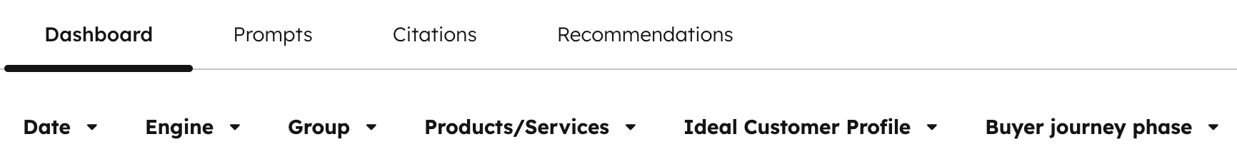 The Dashboard tab is displayed in the AEO tool with the available filter options.