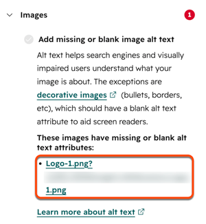 In the content editor, SEO recommendations are displayed in the left sidebar. Images are expanded and a box is placed around a specific image file.