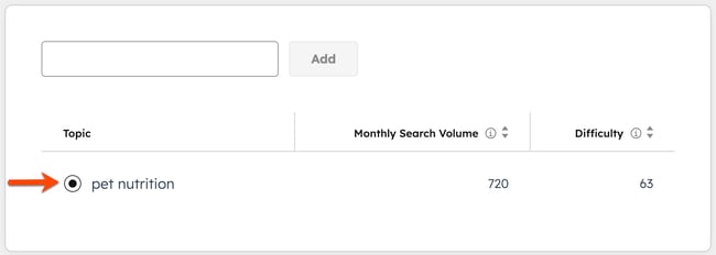 The Add a topic page is visible. An arrow points to a radio button for a topic.