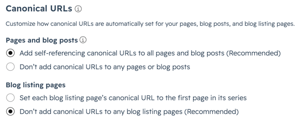 In the Page settings, for the SEO &amp; Crawlers tab, the Canonical URLs section is displayed.