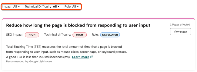In the SEO tool, a box is placed around the filter dropdown menu options, including impact, technical difficulty, and role.