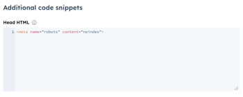 In the article editor, the settings dialog box is displayed with the Advanced menu option selected. The Head HTML section has an input code snippet for adding noindex meta tags.