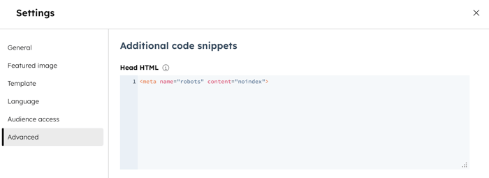 In the content editor, the settings dialog box is displayed with the Advanced menu option selected. The Head HTML section has an input code snippet for adding noindex meta tags.