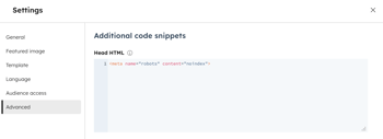 In the content editor, the settings dialog box is displayed with the Advanced menu option selected. The Head HTML section has an input code snippet for adding noindex meta tags.