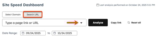In the site speed dashboard, a box is placed around the Search URL button at the top of the page. An arrow points to the Type a page link or URL dropdown menu.