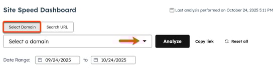 In the site speed dashboard, a box is placed around the Select Domain button at the top of the page. An arrow points to the Select a domain dropdown menu.
