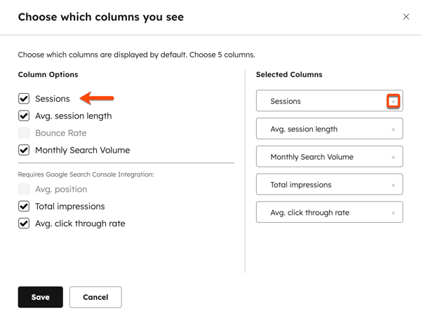 On the SEO topic page, the Switch Columns dialog box is displayed. An arrow points to a column option checkbox on the left. A box is placed around the selected column option's X icon on the right.